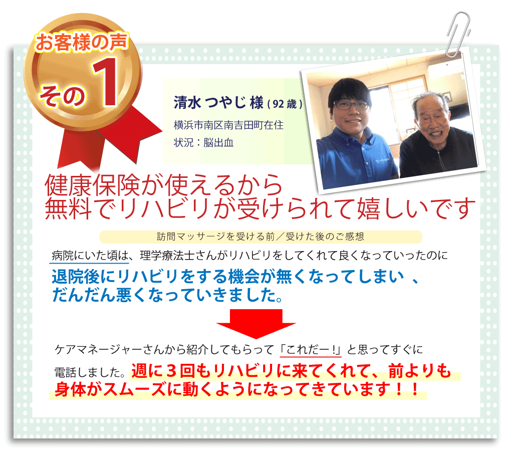 清水 つやじ 様(92歳)横浜市南区南吉田町在住・状況：脳出血/健康保険が使えるから無料でリハビリが受けられて嬉しいです。病院にいた頃は理学療法士さんがリハビリをしてくれて良くなっていったのに、退院後にリハビリをする機会がなくなりだんだん悪くなってしまいました。ケアマネージャーさんから「アマーレ治療院」さんを紹介してもらいすぐに電話をしました。週に3回もリハビリに来てもらって、身体がスムーズに動くようになってきてます！